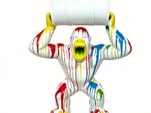 Large Sculpture: Vibrant Drip-Painted Gorilla with Oil Drum