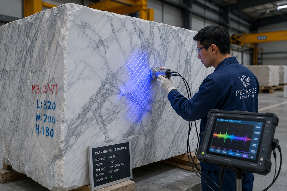 Pegasus team inspecting a natural marble block before selecting stone for a custom sculpture