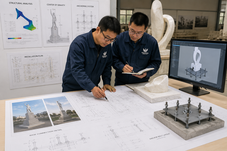 Pegasus engineering team reviewing marble sculpture drawings and installation plans