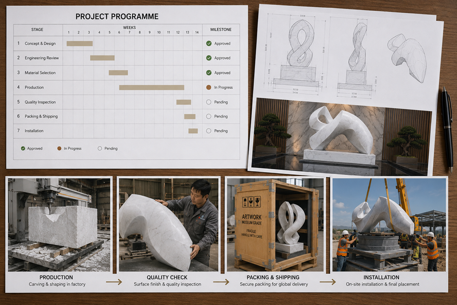 Workflow of contemporary marble sculpture manufacturing from production to installation
