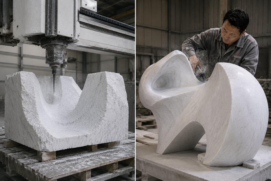 CNC machining and hand finishing of a contemporary marble sculpture at Pegasus workshop