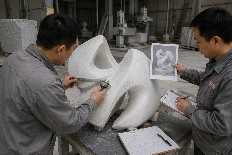 Quality inspection of a finished contemporary marble sculpture before packing