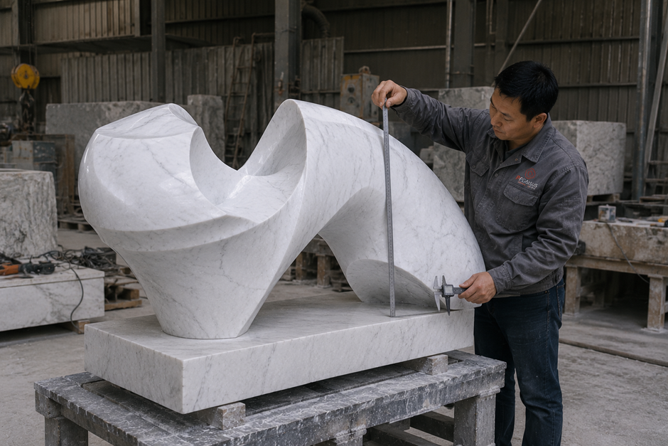 Pegasus technician measuring a completed marble sculpture before packing and shipment