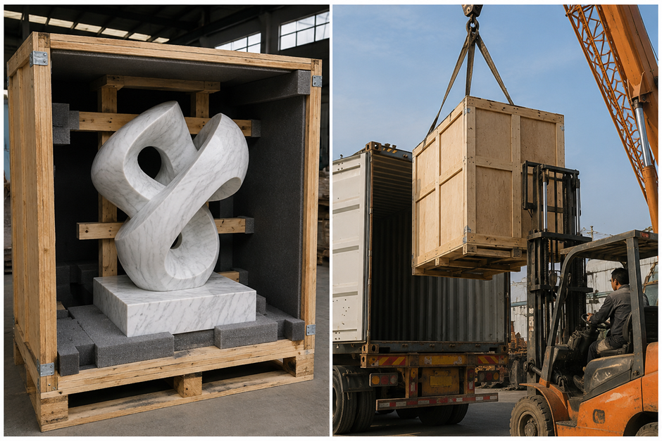 Custom wooden crate and container loading for international marble sculpture shipping