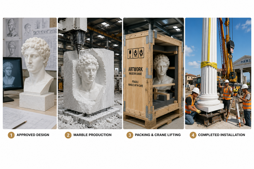 Completed contemporary marble sculpture installed in its final architectural setting