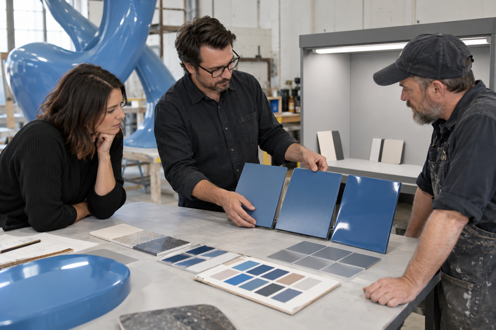 Illustrative finish-approval session using physical FRP samples to compare matte, satin and gloss under controlled light.