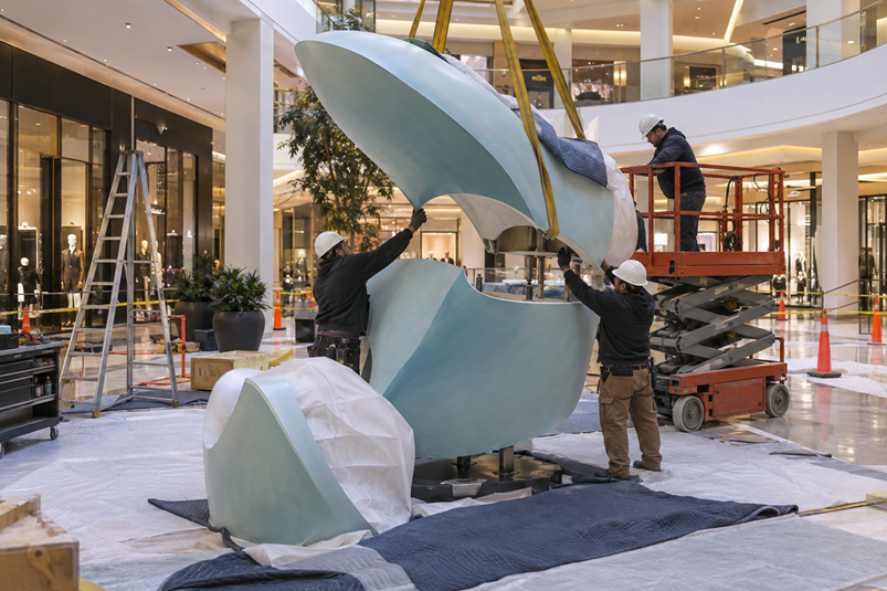 Illustrative after-hours mall installation showing sectional FRP assembly, protected finishes and controlled access.